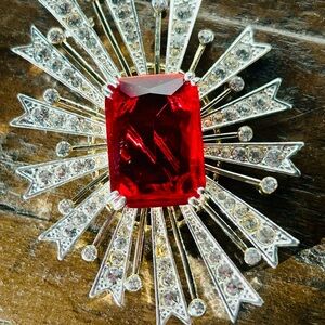 Kenneth Jay Lane Large Starburst Brooch, Red Glass Cabochon, Clear Rhinestones